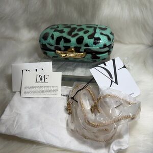 Diane Von Furstenberg Turquoise and Black Animal Print Clutch